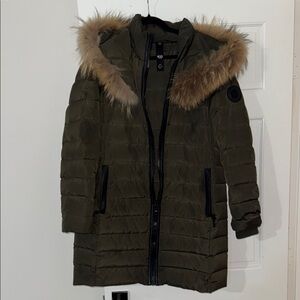 Women's Olive Green Fur-Trimmed Hooded Jacket